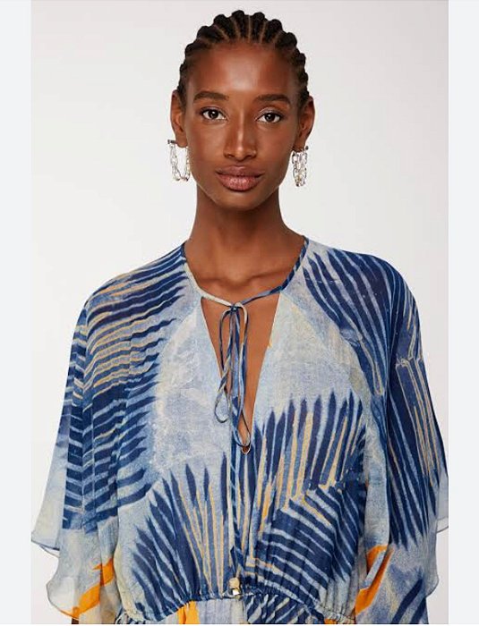 Vestido Animale Azul Manga 3/4 FL Folhagem