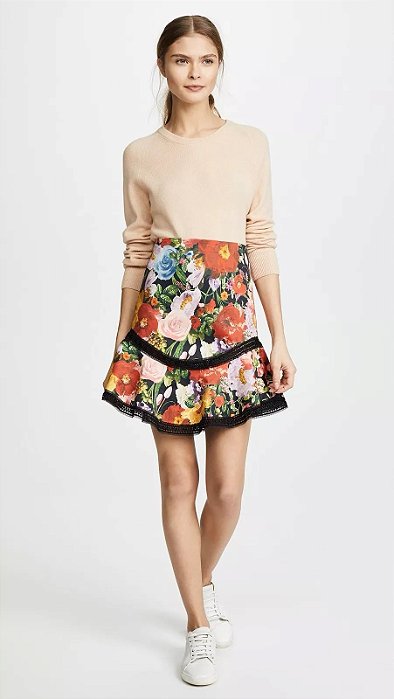 Saia Alice + Olivia Floral Fundo Preto