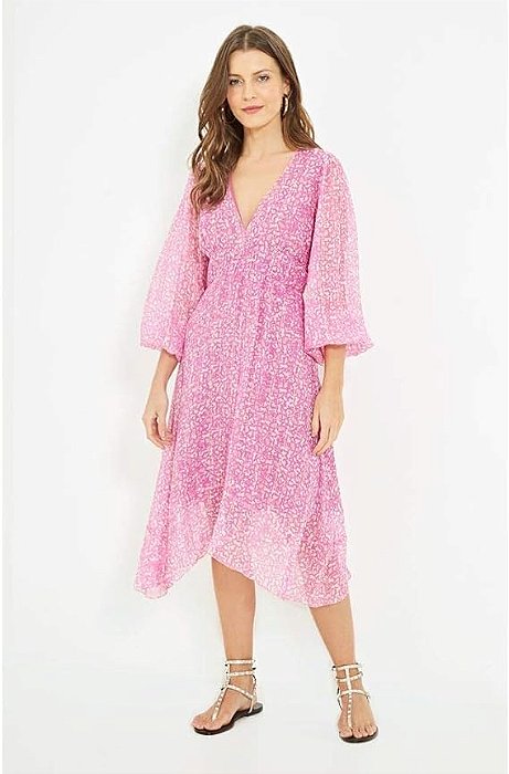 Vestido Ateen Seda Rosa Chiclete Fios Dourados