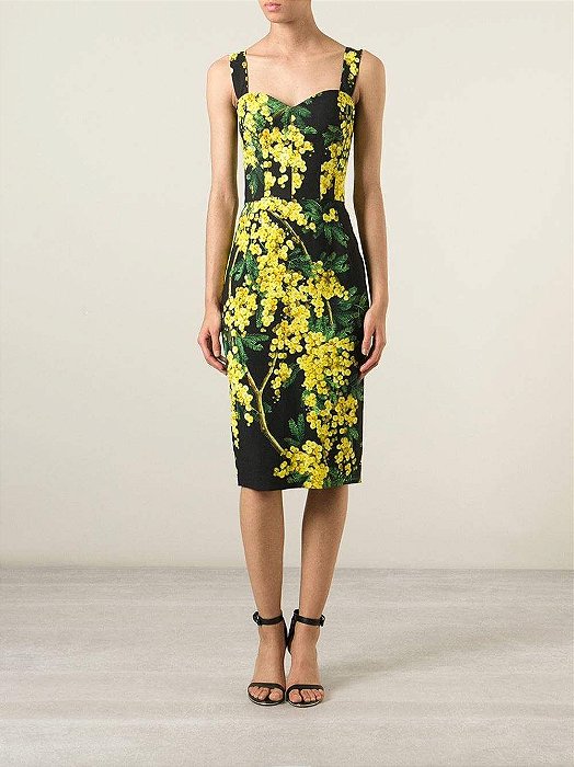 Vestido Dolce Gabbana Preto e Amarelo Crepe Floral