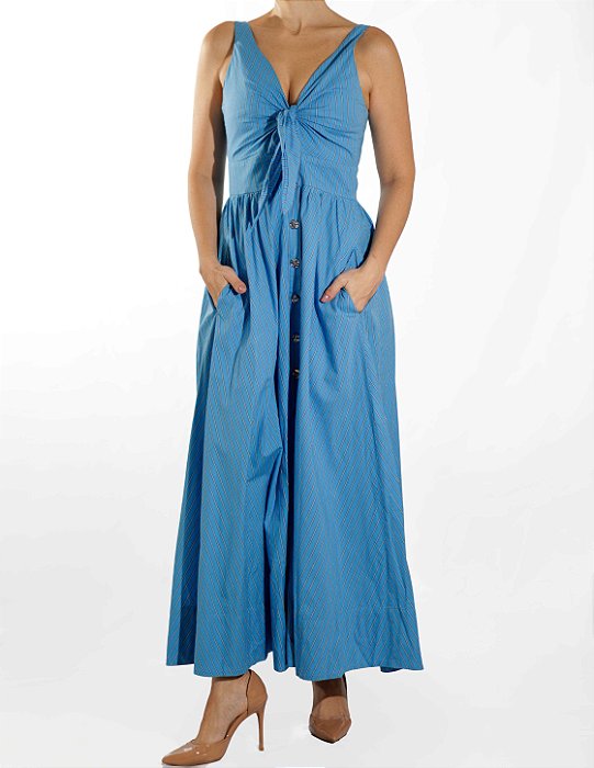 Vestido Eva Azul Listrado Longo