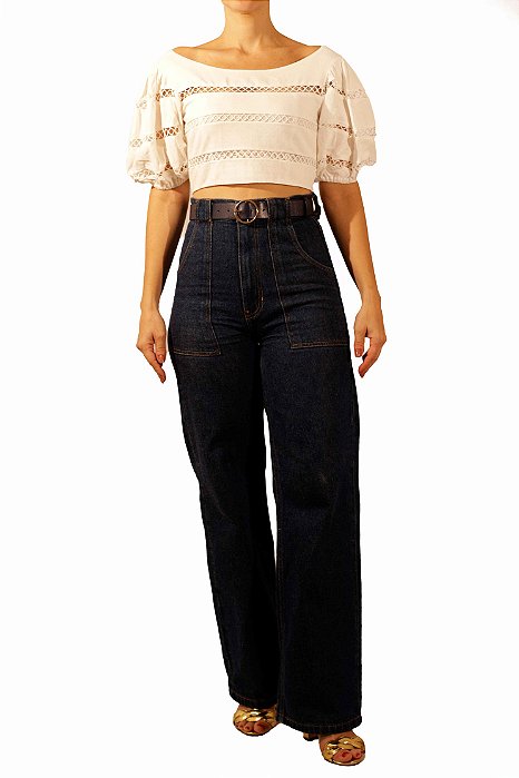 Blusa Farm Branca Linho Cropped Manga Bufante