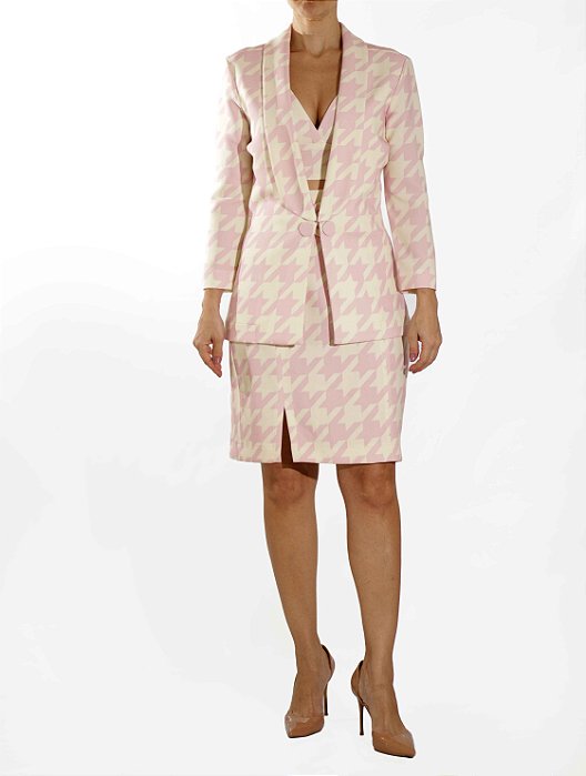 Conjunto Iorane Saia + Blazer Rosa Claro e Branco Pied Coq