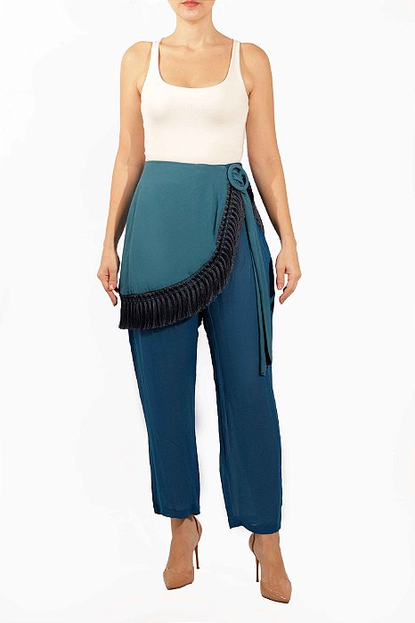 Calça Lilly Sarti Azul Petróleo Seda Franjas
