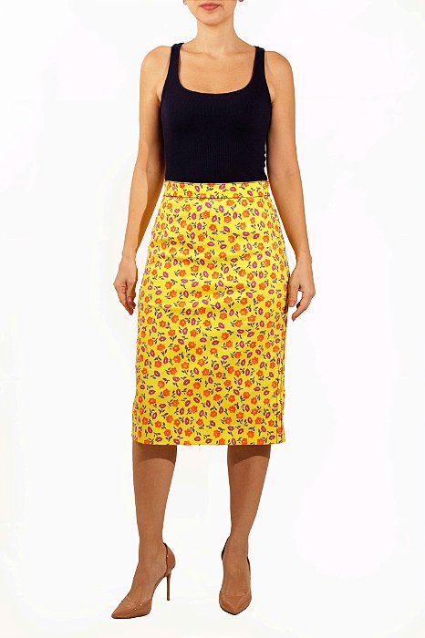 Saia Prada Amarela Floral Sarja