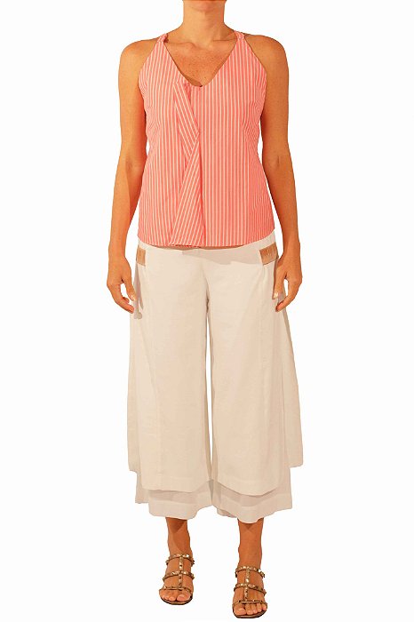 Blusa Rosa com Listras Brancas Alça