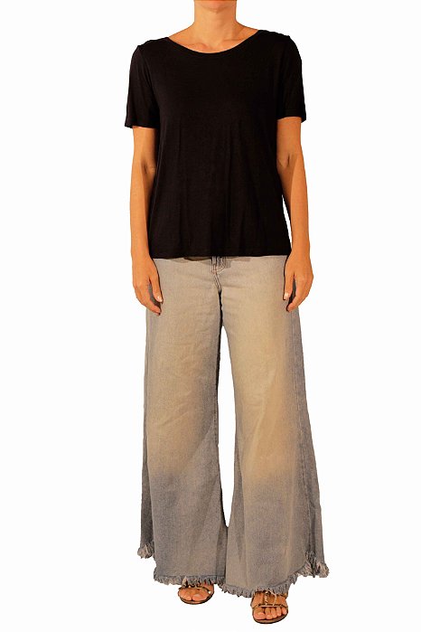 Blusa Manga Curta Mixed Malha Azul Marinho Franjas Costas