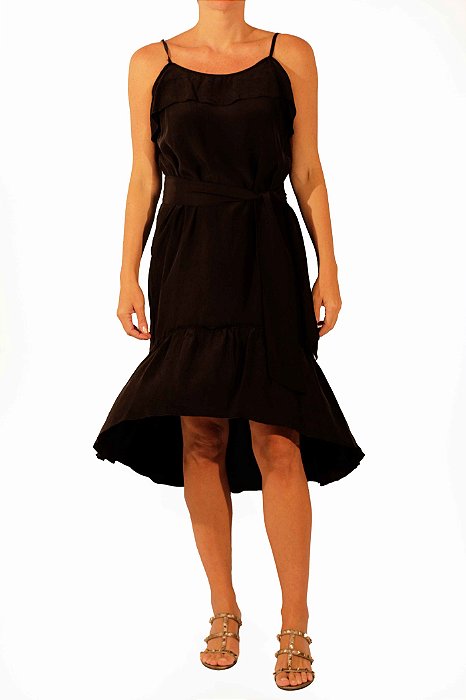 Vestido Midi Ateen Crepe de Seda Babado