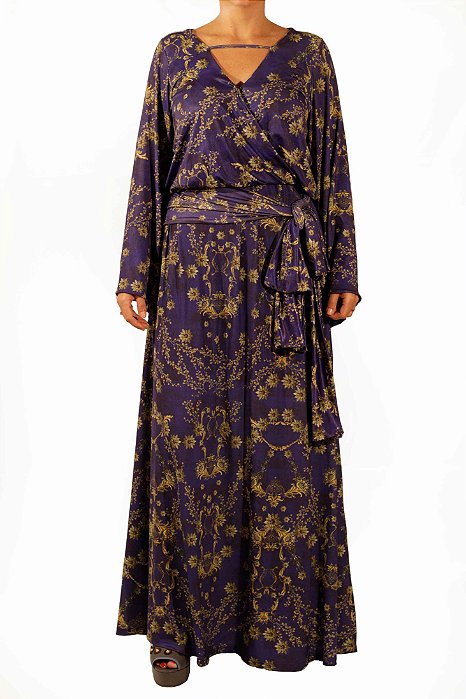 Vestido Longo Tee Match Roxo Manga Comprida Estampa