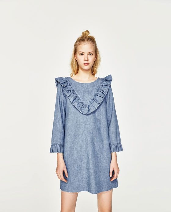 Vestido Zara Azul Jeans Babados Manga Comprida