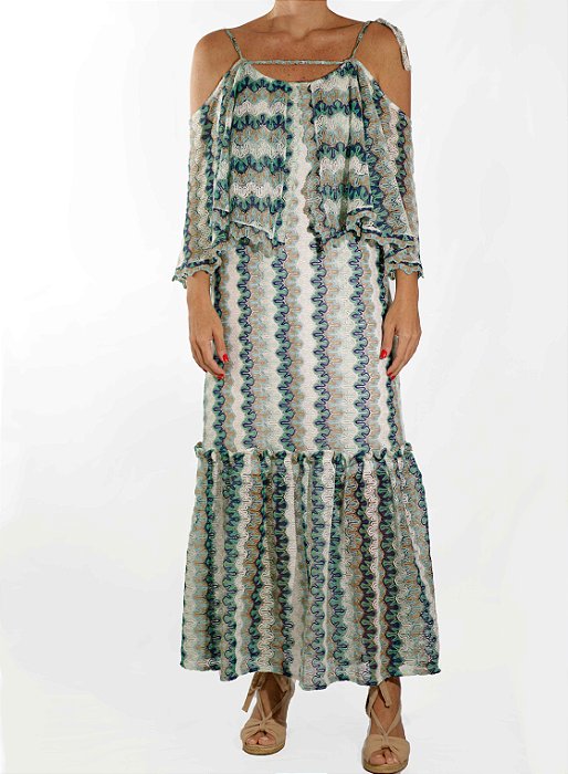 Vestido Longo Tee Match Tons Azul Renda Babados