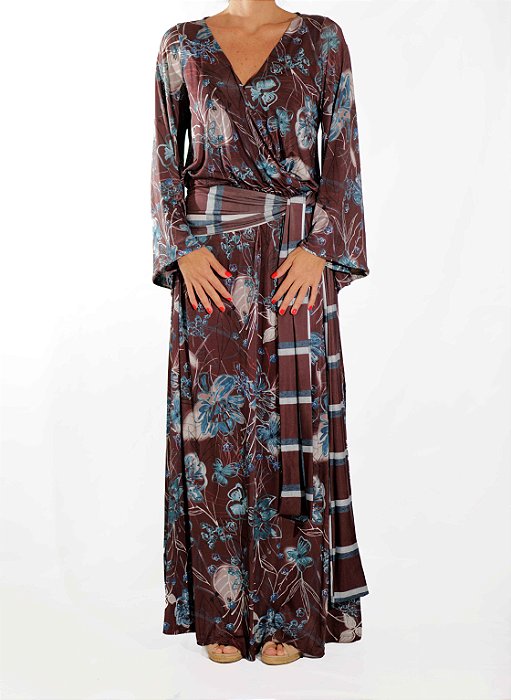 Vestido Longo Tee Match Marrom Flores Azuis Manga Longa
