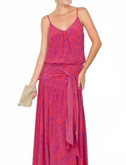 Vestido Longo Ateen Rosa Estampa Coral Seda