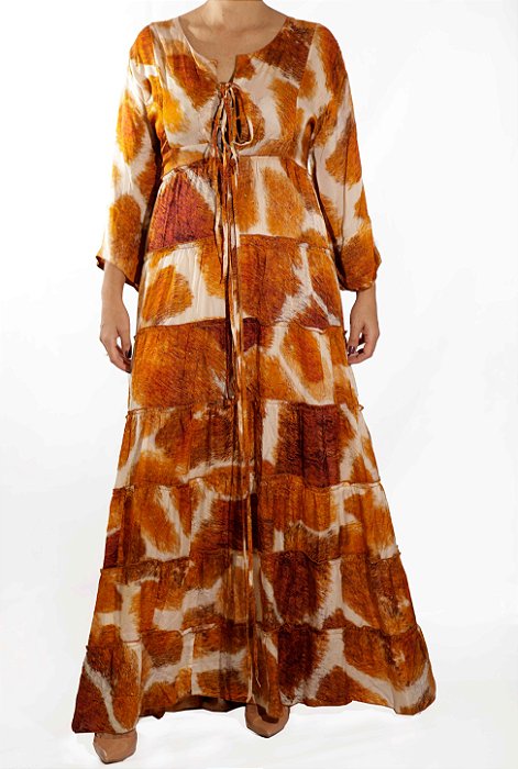 Vestido Longo Ibiza Estampa Marron e Bege Seda