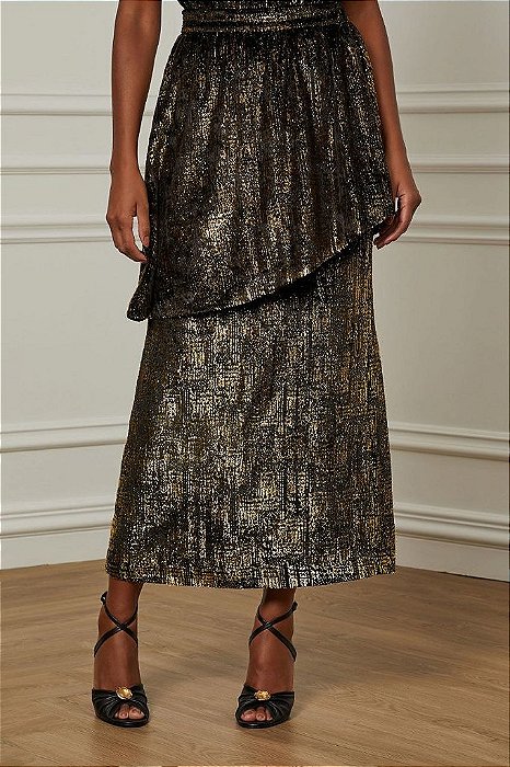 Saia Midi Animale Preta e Dourada