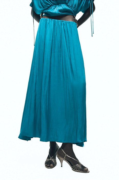 Saia Midi Zara Azul Acetinada