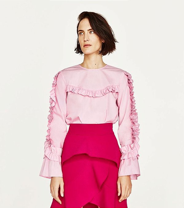 Camisa Zara Rosa Claro Babados