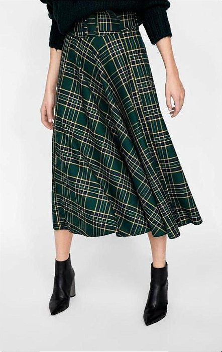 Saia Zara Verde Musgo Quadriculada com Cinto Midi