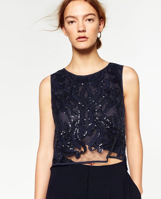Blusa Azul Marinho de Renda e Paetês