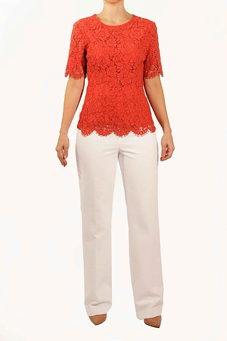 Blusa Laranja Manga Curta Renda