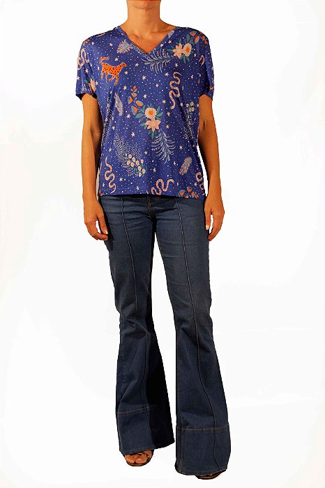 Blusa Manga Curta Animale Azul Estampa