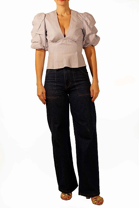 Blusa Bobô Listras Branca e Azul Bufante