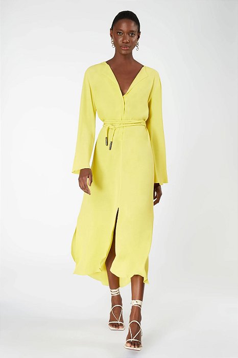 Vestido Midi Animale Mangas Compridas Amarelo