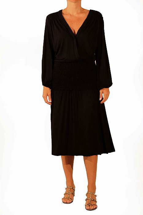 Vestido Midi Ateen Preto Decote V Manga Comprida