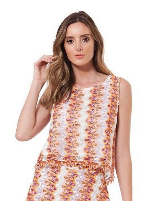 Cropped Tee Match Rosa e Laranja de Renda