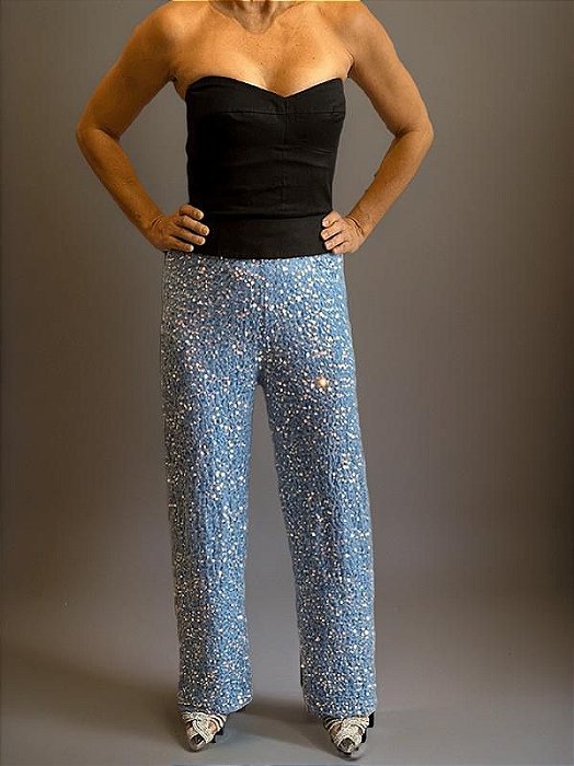 Calça Bhava Veludo/Paetê Azul Bebê