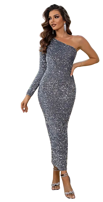 Vestido Manga Comprida Um Ombro Cinza Paetês