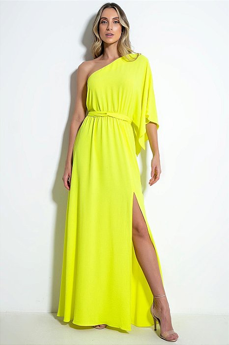 Vestido Longo Um Ombro Ave Rara Amarelo Lima Crepe de Seda