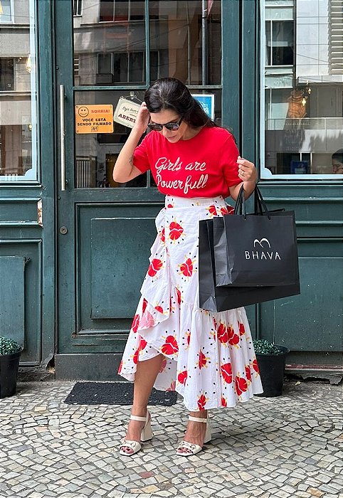 Saia Longa Envelope Eva Branca Estampa Vermelha