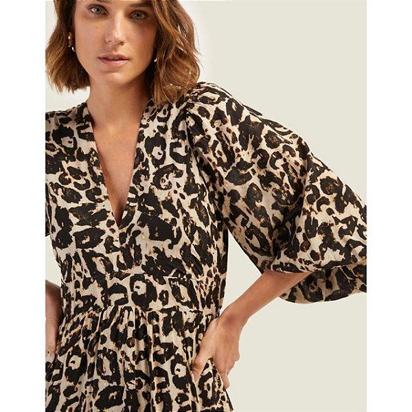 Vestido Shoulder Curto Animal Print Fios Lurex
