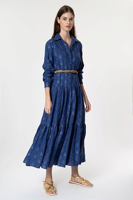 Vestido Cris Barros Modelo Niko Longo Mangas Longas Azul Bordado Lurex