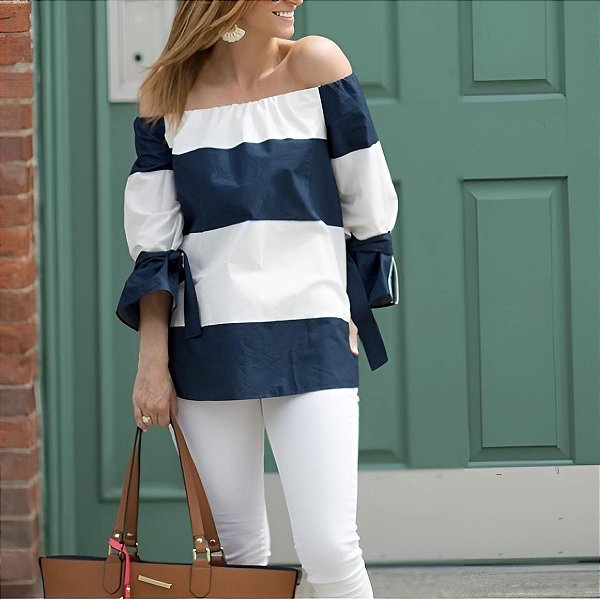 Blusa Zara Ombro a Ombro Listras Azul Marinho e Branco
