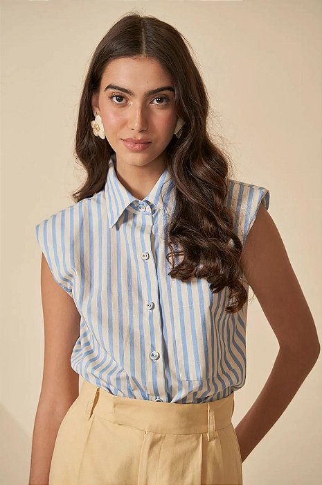 Camisa Leeloo Listrada Azul e Branca Sem Mangas