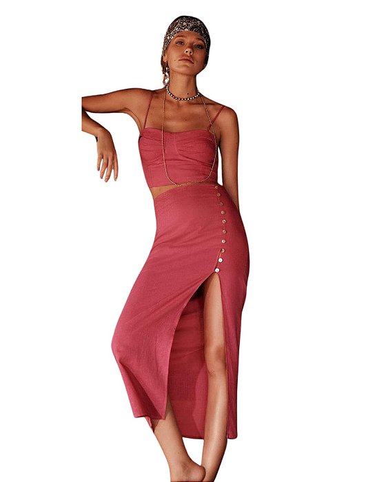 Saia Midi Vix Rosa Modelo Cora