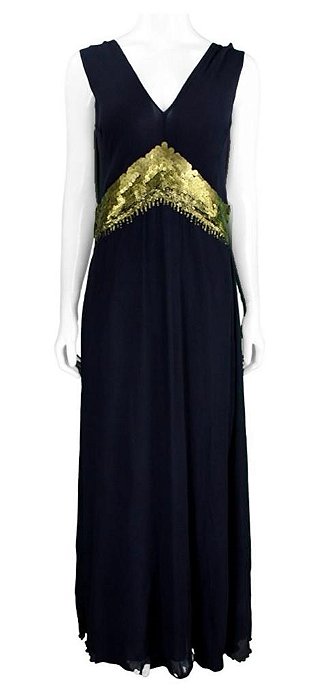 Vestido Longo Daslu Preto Seda Paetês Dourados Cintura