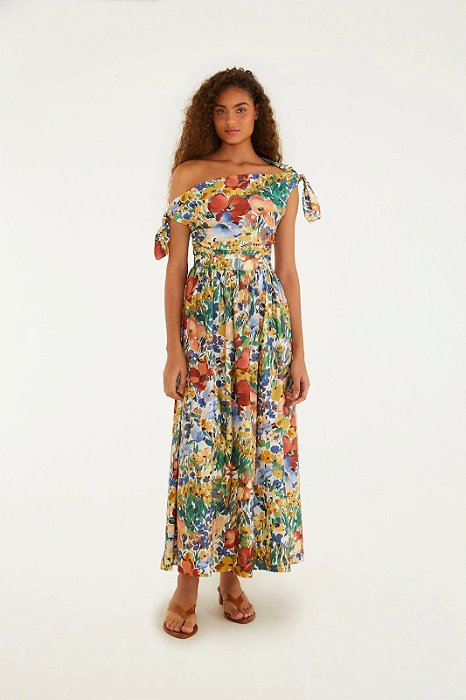 Vestido Longo Farm Estampado Um Ombro Só