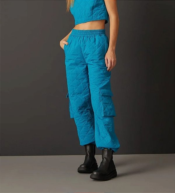 Calça Cargo Iorane Azul Turquesa Matelassê