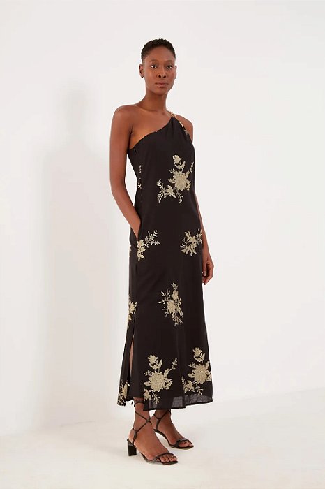 Vestido Longo Sacada Um Ombro Preto Bordado