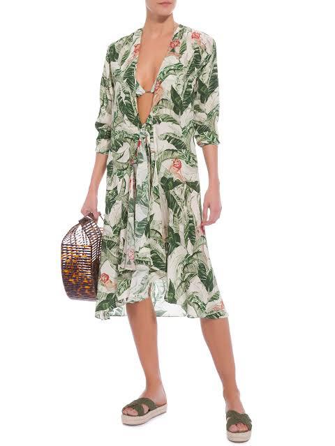 Vestido/Saída de Praia Adriana Degreas Estampa Folhas Seda