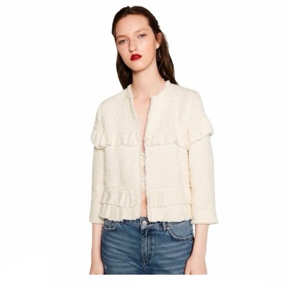 Casaqueto Zara Tweed Branco Babados