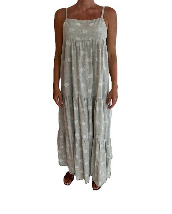 Vestido Longo Cinza Poá Linho