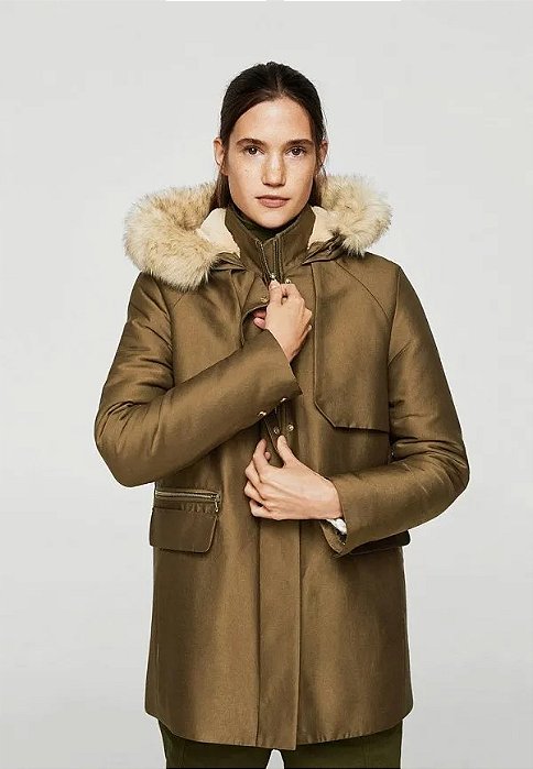 Casaco Mango Verde Militar Fur Gola/Capuz