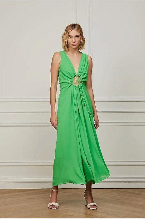 Vestido Longo Animale Verde Seda Decote