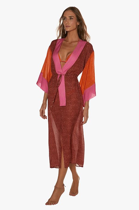 Kimono/Saída de Praia VIX Modelo Piper Anni Marrom e Rosa
