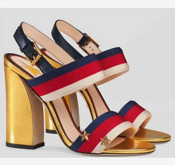 Sandália Gucci Dourada Salto Bloco Tiras de Tecido