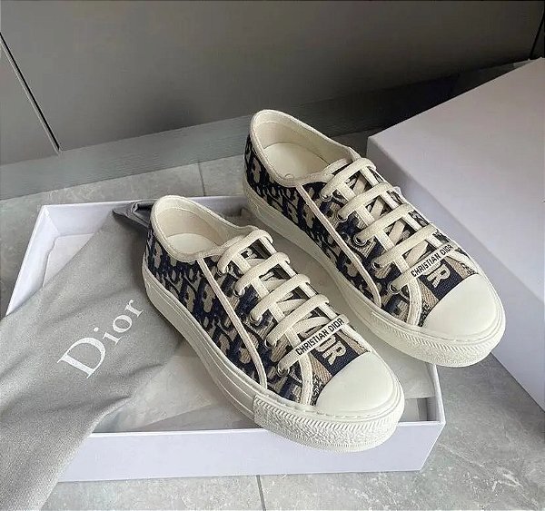 Tênis Dior Modelo Walk'n'Dior Sneaker Tecido Logo Cinza e Marinho